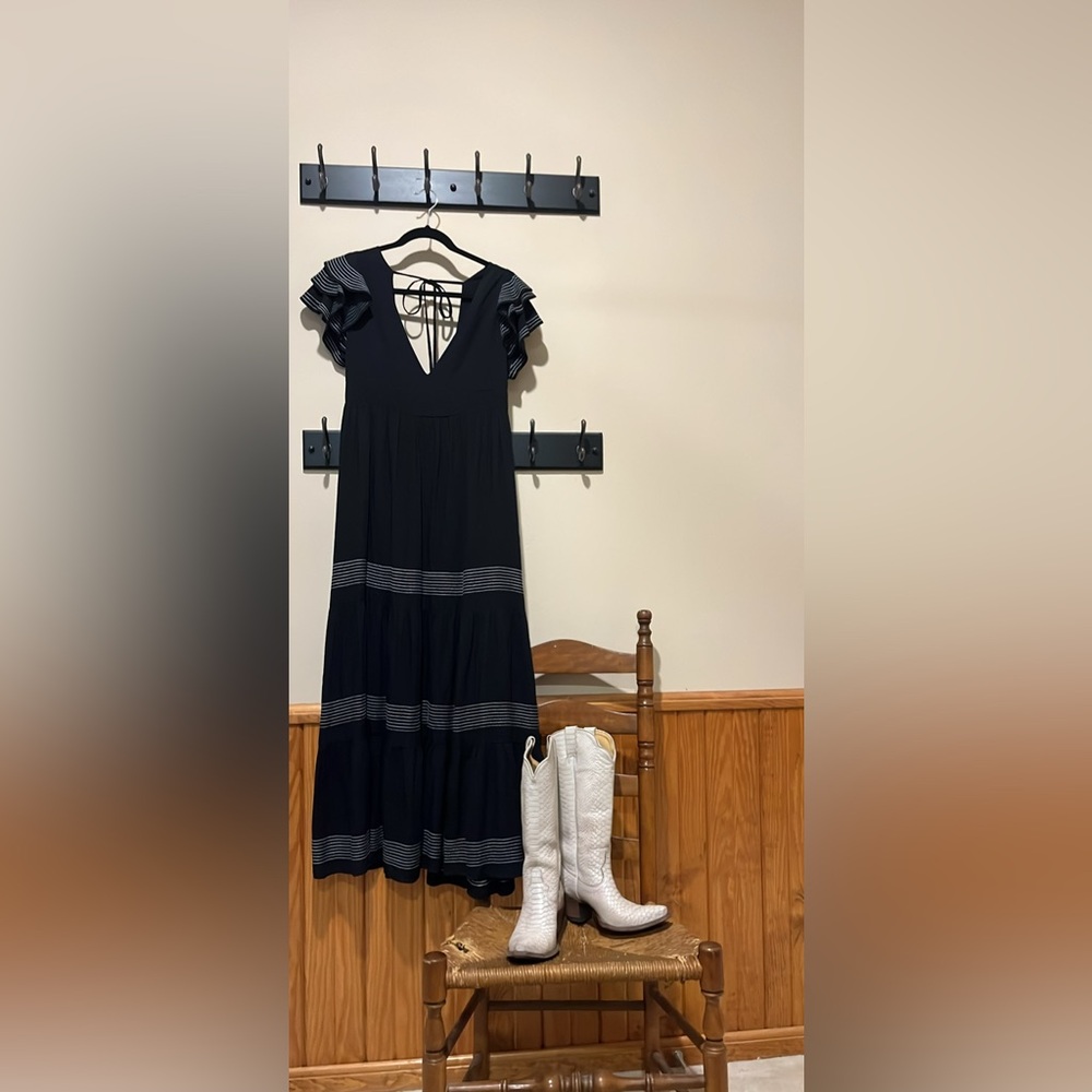 Especia (Anthropology Brand) Black Tiered Maxi Dress with Stripe Detail